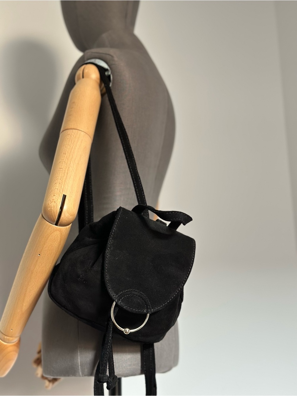 Black Suede Mini Backpack Drawstring Leather Bag Silver Hardware - Picture 11 of 17